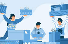 Illustration of happy people holding wrapped gifts