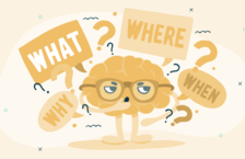 Illustration of a caricatured human brain wearing glasses and asking questions