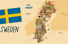 Illustration of Sweden's flag, along with a map of the country