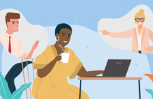 Illustration of a woman sitting in front of her laptop and holding a white mug, with two bubbles to her left and right containing two colleagues, a man and a woman, looking angry