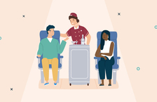 Illustration of a flight attendant pushing a trolley and standing between two passengers seated within the cabin
