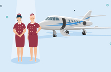 Two female VIP flight attendants standing in front of a private jet plane