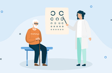 Illustration of a female optometrist with an older male patient