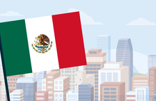 Illustration of the Mexican flag with a city skyline in the backdrop