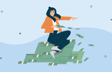 Illustration of a woman sitting on a mountain of money