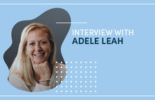 Illustration containing an image of Adele Leah against a light blue backdrop and a title that reads 'Interview with Adele Leah'