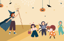 Illustration of a woman dressed in a witch costume holding up a wand and four children dressed in  a bumblebee, tarantula, snail and alligator costume