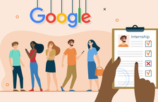 Illustration of five people standing below the Google Logo. There is a Clipboard with a paper titled 'internship' on the right side of the illustration