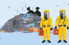 Illustration of two people in yellow hazmat suits standing in front of a large pile of garbage