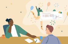 Illustration of two men sitting across each other and talking - one has a thought bubble over his head picturing him holding a giant check that says 1,000,000