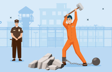 prisoner in jumpsuit doing manual labor hired by company