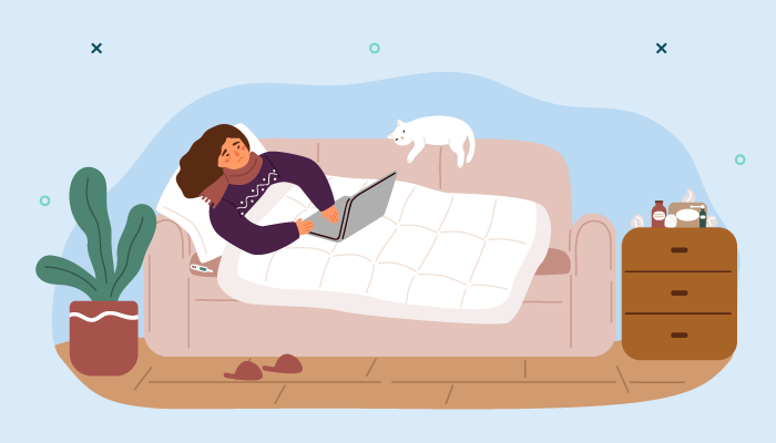 Unhappy cartoon sick laptop lying on pillow Vector Image